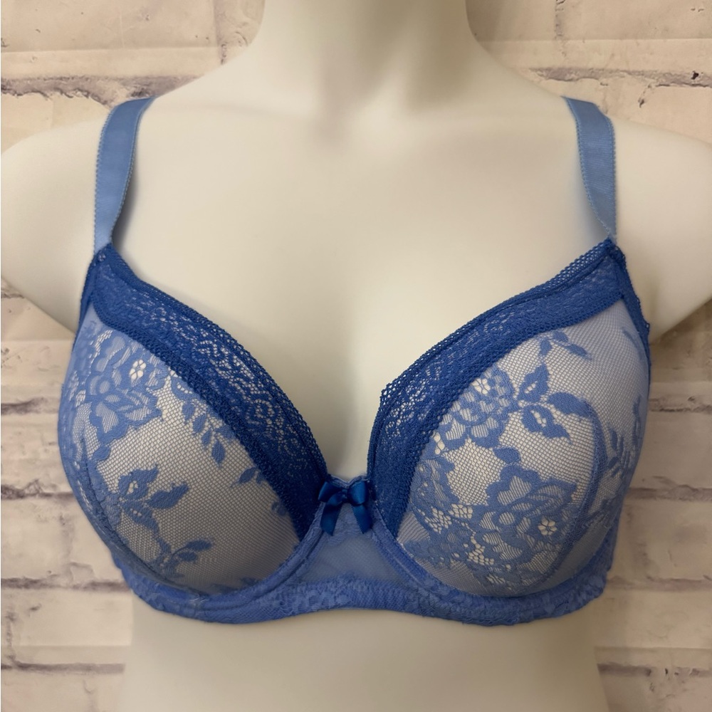 Adore Me Bra Size 42D Blue White Floral Mesh Lace Bow Underwire Sexy‎
